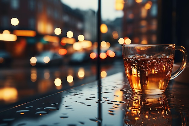 Vaso de agua en el fondo de la calle de la ciudad