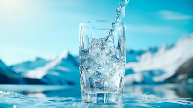 Vaso de agua con fondo de montañas IA generativa