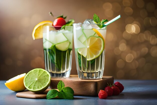 un vaso de agua con fresas y hojas de menta