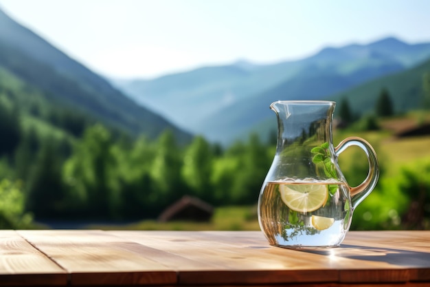 Vaso de agua fresca sobre una mesa de madera con montañas de verano en la ilustración de fondo de un estilo de vida rústico saludable
