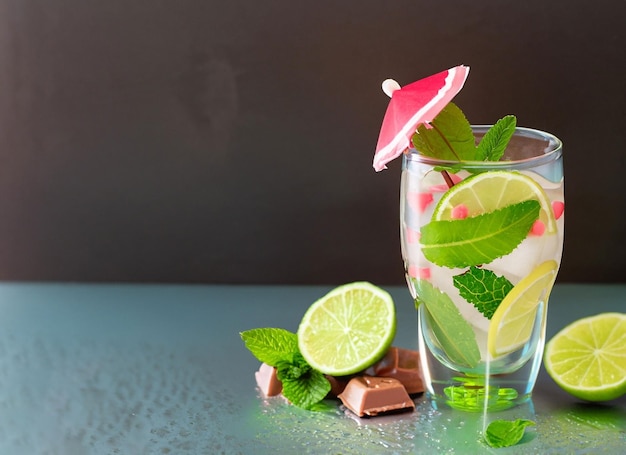 Un vaso de agua fría de cal con paraguas