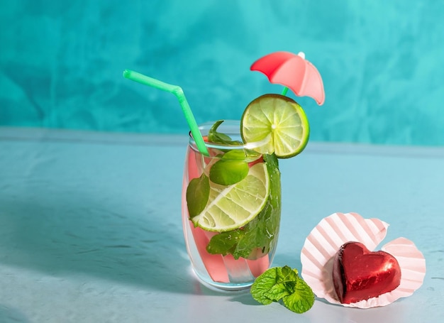 Foto un vaso de agua fría de cal con paraguas