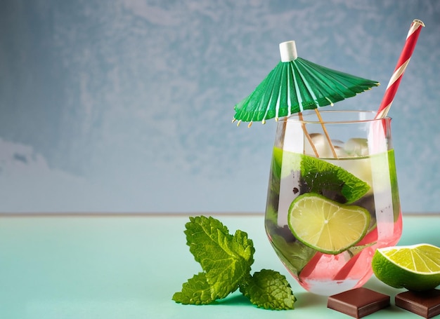 Un vaso de agua fría de cal con paraguas