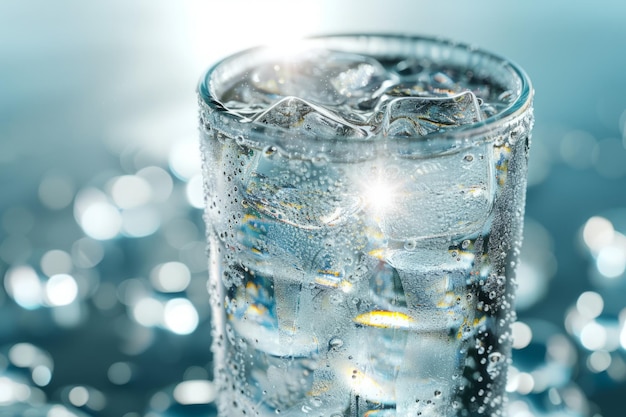 Un vaso de agua fría con cubos de hielo y burbujas en una mesa con un fondo borroso.