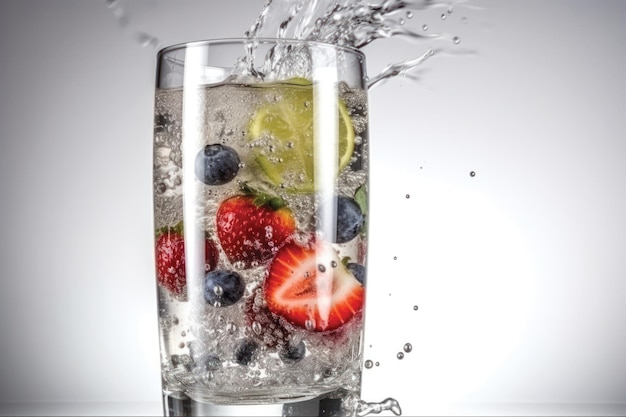 Un vaso de agua con fruta y hielo flotando en él.