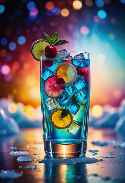 Foto un vaso de agua con fruta y hielo en él