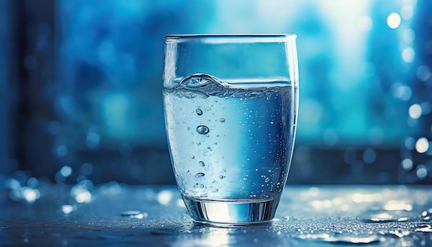 Foto un vaso de agua y gotas en la mesa bebida mineral refrescante tonos azules bokeh borroso