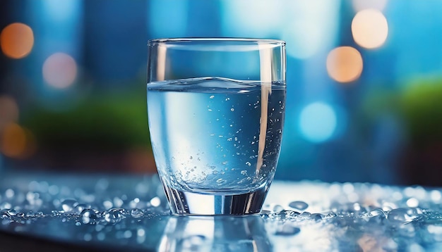 Un vaso de agua y gotas en la mesa Bebida mineral refrescante Tonos azules Bokeh borroso