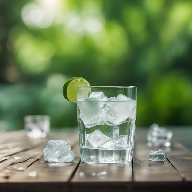 un vaso de agua helada y cubos de hielo en una mesa