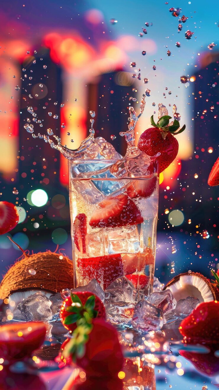 un vaso de agua helada con fresas y fresas en él