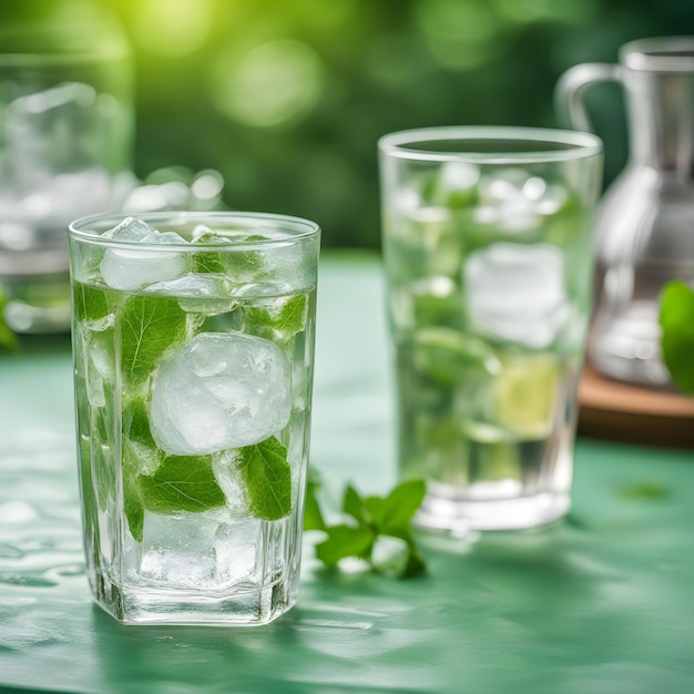 Foto un vaso de agua helada con hielo y cubos de hielo en una mesa