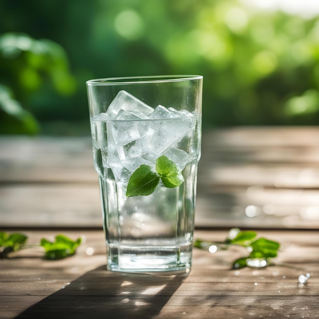 un vaso de agua helada con una hoja verde en la parte superior