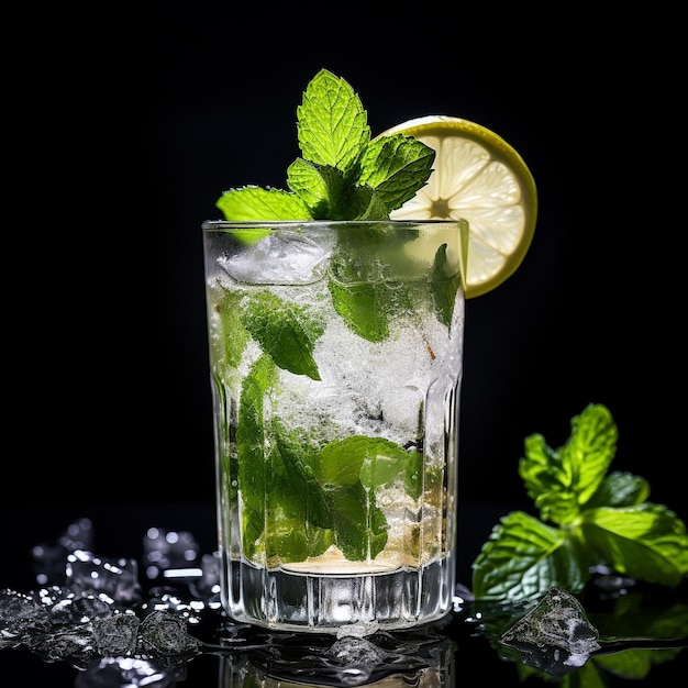 un vaso de agua helada con hojas de menta y hielo.