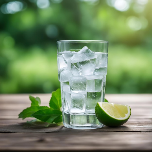 un vaso de agua helada y una lima en una mesa