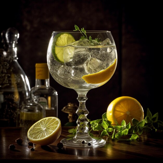 un vaso de agua helada con limones y limas sobre una mesa.