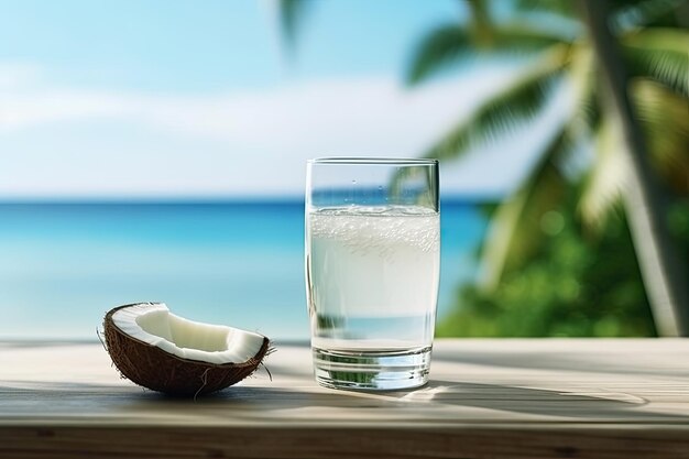 Foto un vaso de agua helada en una mesa con fondo de playa