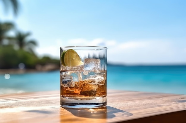 Un vaso de agua helada en una mesa con fondo de playa