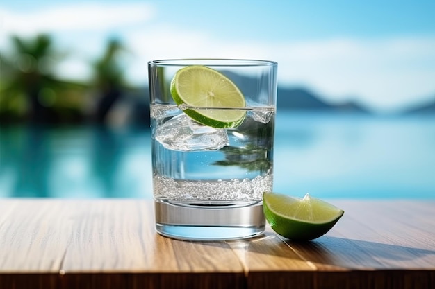 Un vaso de agua helada en una mesa con fondo de playa