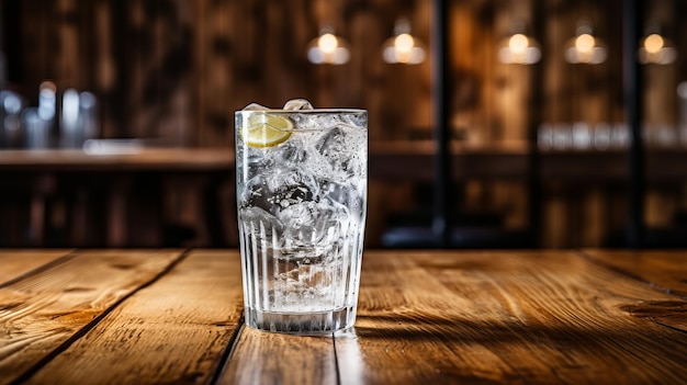 Un vaso de agua helada en una mesa de madera.