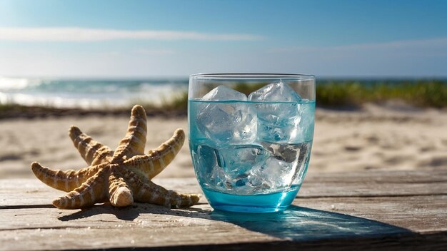 un vaso de agua con hielo al lado de una estrella de mar en la playa