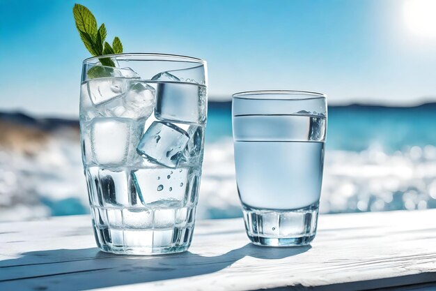 un vaso de agua con hielo y cubos de hielo a su lado