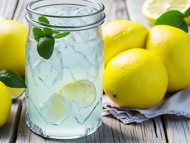 Un vaso de agua con hielo y limones.