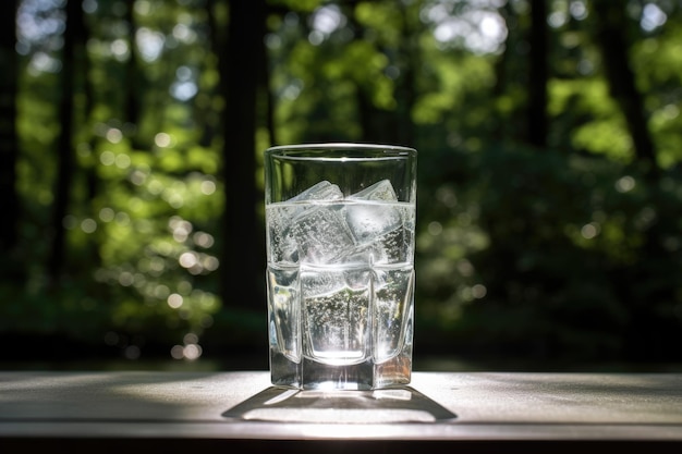 Un vaso de agua con hielo sobre un fondo de árboles