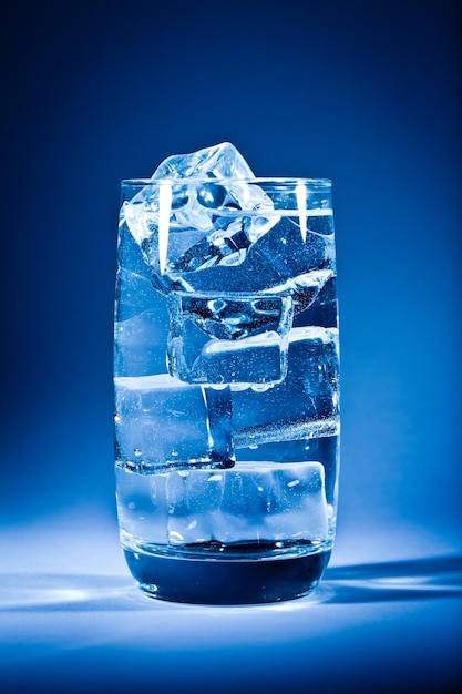 Vaso de agua con hielo sobre un fondo azul oscuro