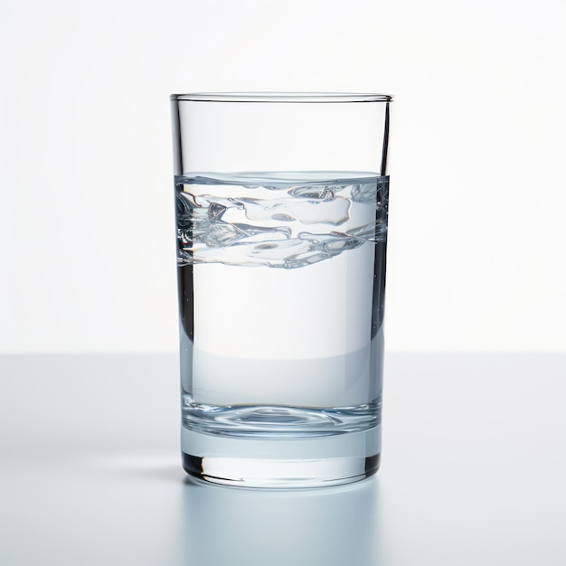 Foto vaso con agua y hielo sobre fondo blanco.