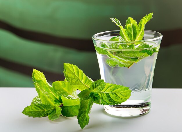 Un vaso de agua con hojas de menta y hojas de moneda