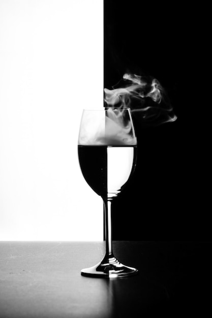 Un vaso de agua y humo sobre un fondo blanco y negro.