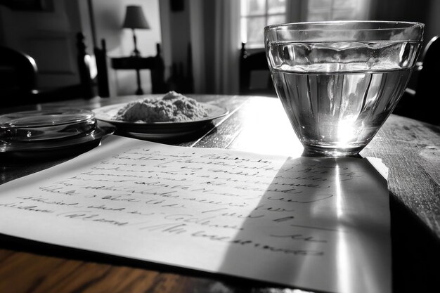 Un vaso de agua iluminado por el sol en la mesa con una carta escrita a mano y polvo