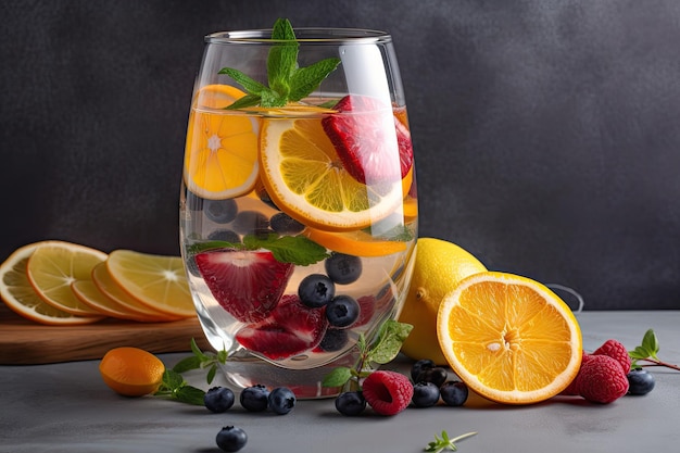 Vaso de agua con infusión de frutas frescas adornado con una rodaja de cítricos creado con ai generativo