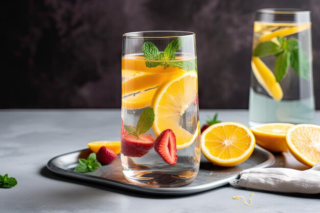 Vaso de agua con infusión de frutas con una rodaja de limón flotante y una ramita de menta creado con ai generativo