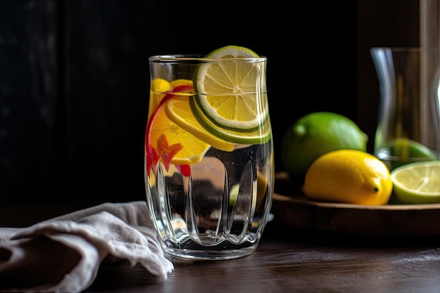 Vaso de agua con infusión de frutas con rodaja de limón y lima creado con ai generativo