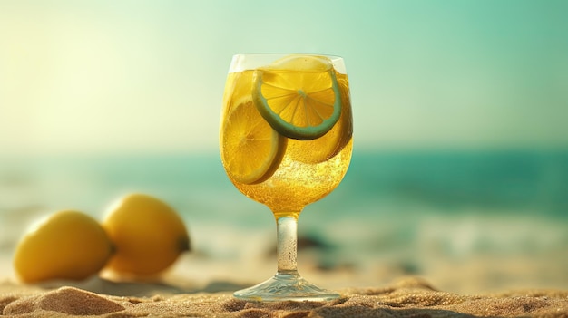 Vaso con agua de limón en la arena de la playa Escena de vacaciones con vaso de limonada en la línea de costa IA generativa