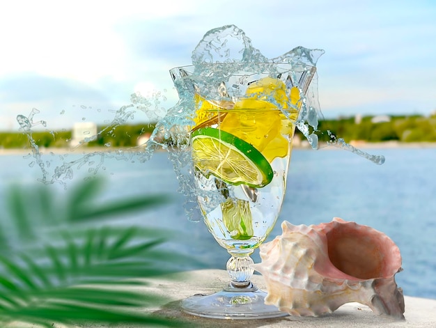 vaso de agua de limón y salpicaduras en la mesa de la playa en la planta de hojas de palma de la luz del sol del mar azul