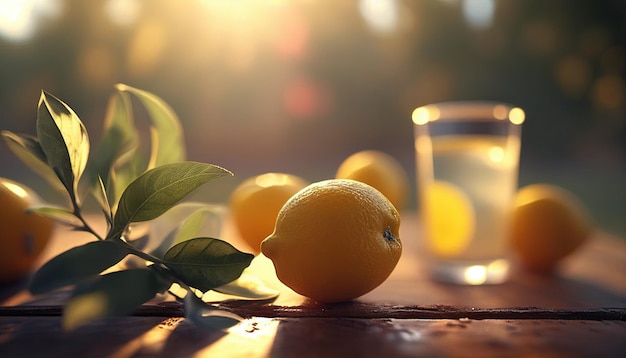 Un vaso de agua y un limón sobre una mesa.