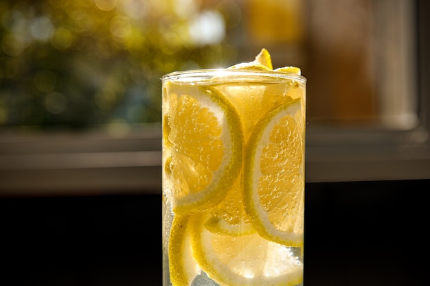Vaso de agua de limón en el soleado jardín