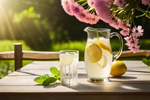 Un vaso de agua con limones y una jarra de agua.