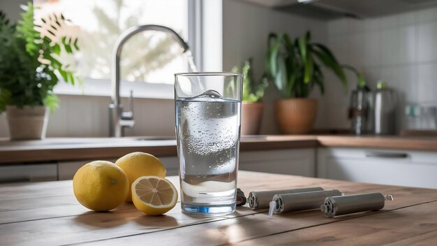 Foto vaso de agua limpia con filtro de ósmosis inversa limones y cartuchos en una mesa en la cocina