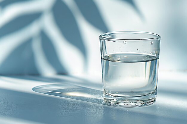 Un vaso de agua limpia en una mesa blanca y una sombra de una planta casera