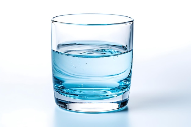 Un vaso de agua con líquido azul sobre un fondo blanco