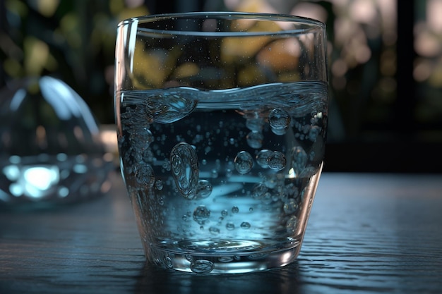 Un vaso de agua con un líquido azul.