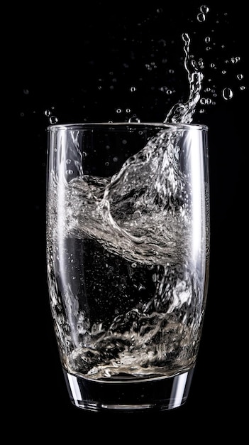 Un vaso de agua se llena con agua sobre un fondo negro.