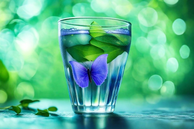 Foto un vaso de agua con una mariposa y una flor en él