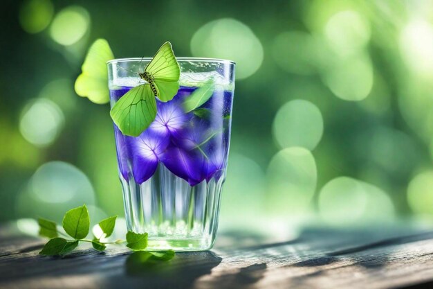 un vaso de agua con mariposas en él y una flor en él