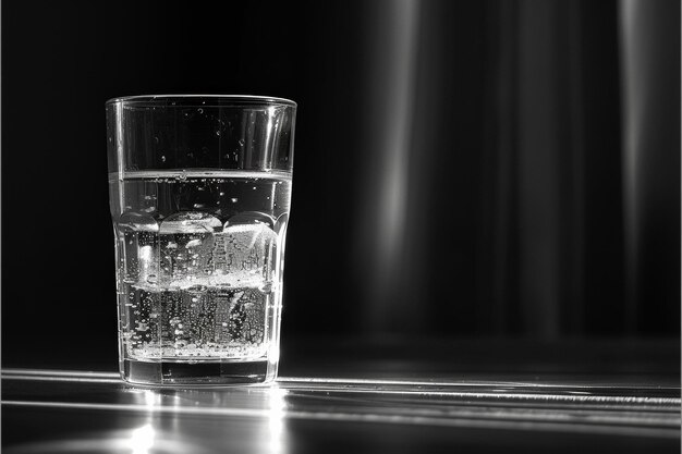 Un vaso de agua en una mesa de madera