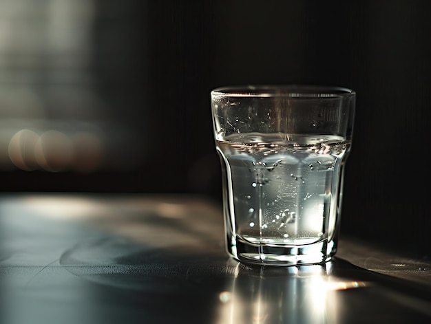 Un vaso de agua en la mesa.