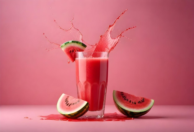 Foto un vaso de agua con la mitad llena de sandía y la mitad de fresa